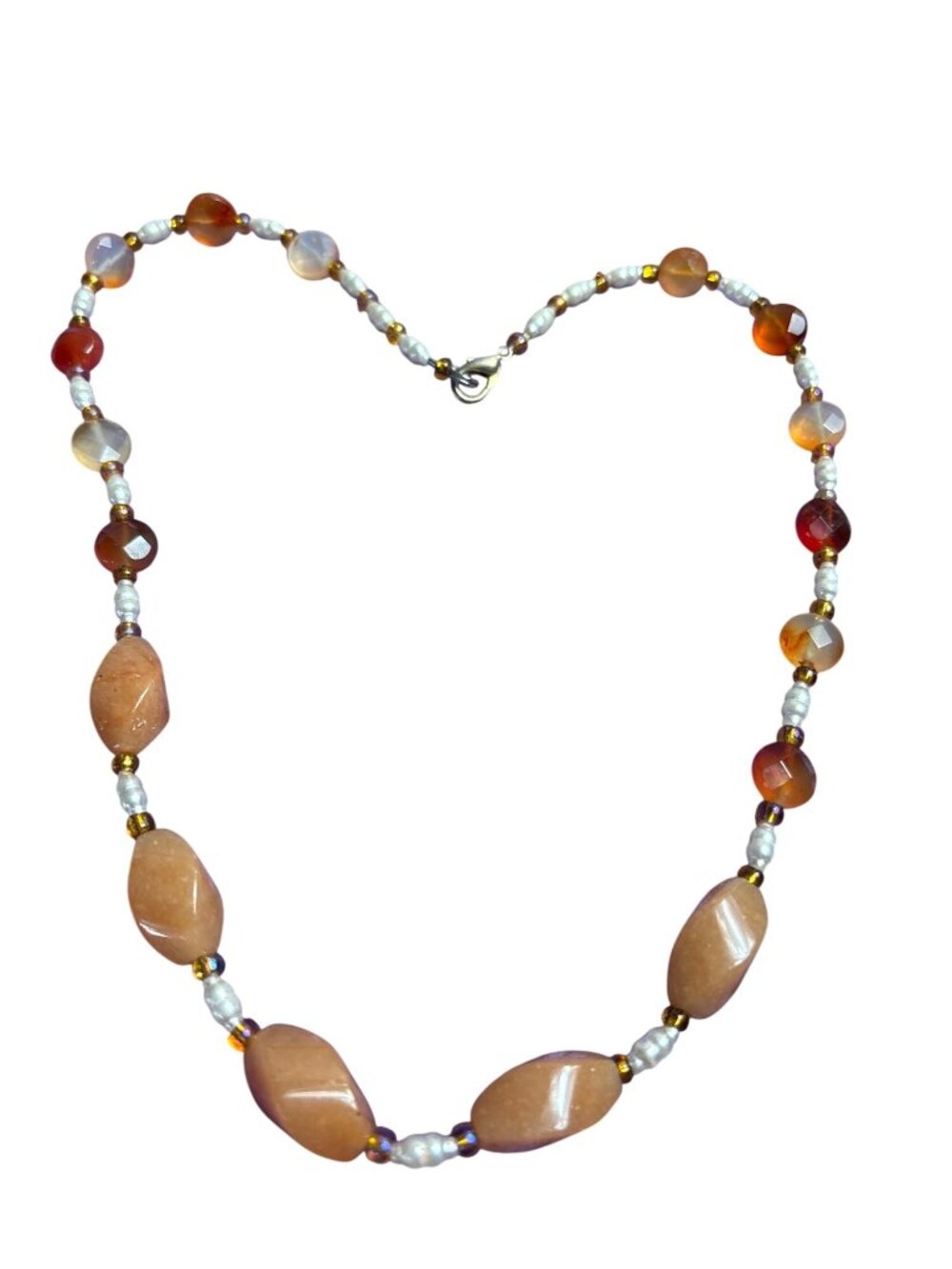 Stone Glass and Faux Pearl Beaded Necklace Goldtone Lobster Clasp 20 inches Long